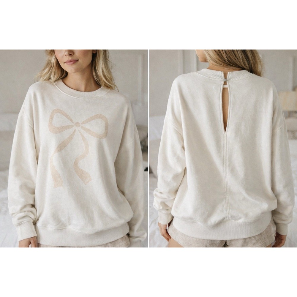 Aerie Bow Sweatshirt XS Oversized Cream Coquette‎ Cottagecore Soft Girl Pullover